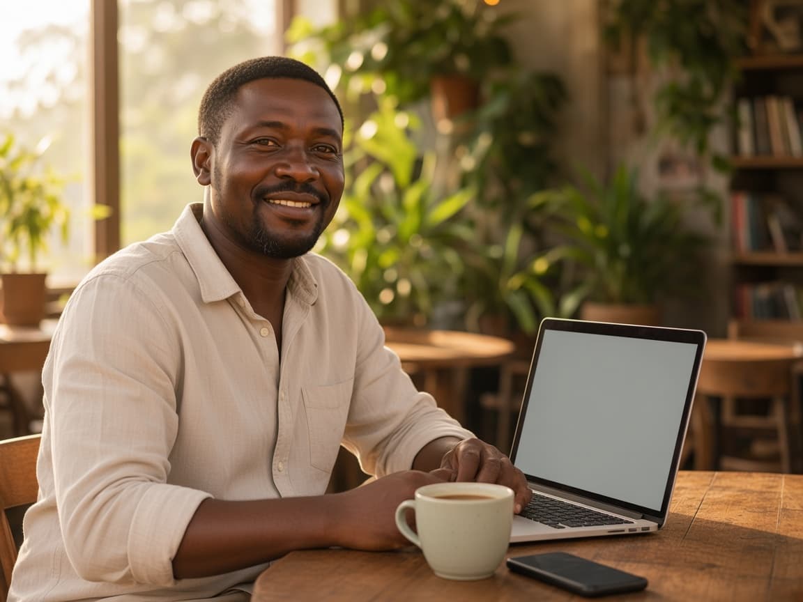Mwangi smiling at a café table, laptop open and a cup of coffee beside him