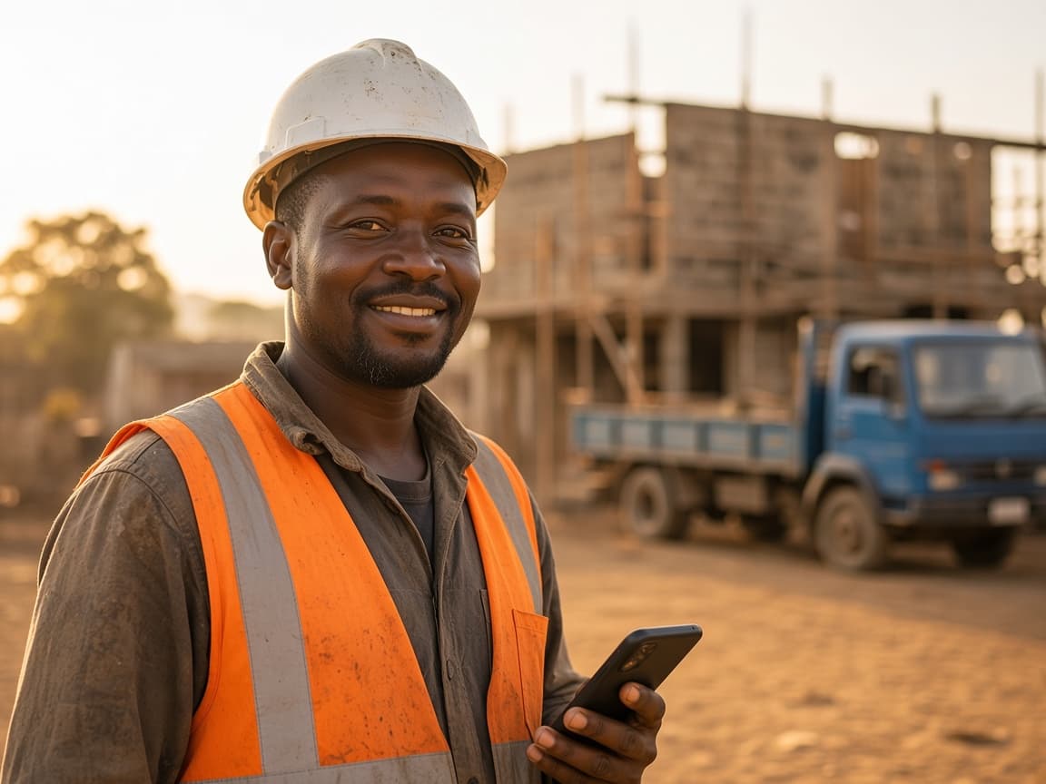 Otieno on a building site, holding his phone