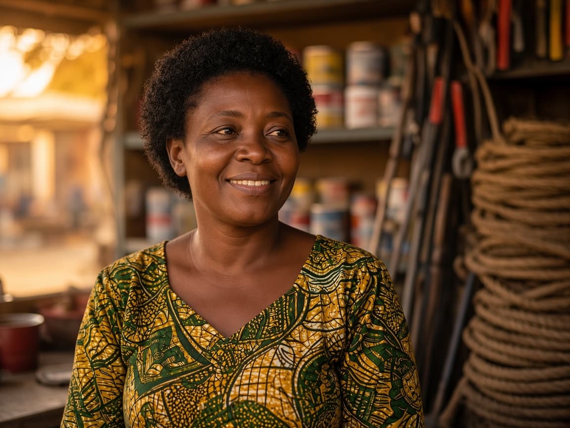 Wanjiku smiling behind the counter of her hardware shop